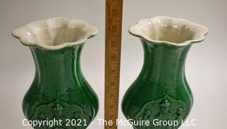 Two Asian Stone Ware Pottery Green Glaze Vases with Risers (Not Shown).  They measure approximately 12" tall. 