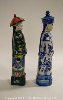 Two (2) Porcelain Hand Painted Asian Warrior Statues with Incised Chopmark Stamp on Base.   They measure approximately 11" tall. 