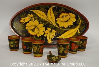 Russian Khokhloma Hand Painted Wooden Tray and Cups.