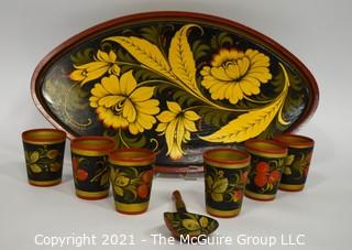 Russian Khokhloma Hand Painted Wooden Tray and Cups.