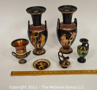 Group of Ceramic Hand Painted Grecian Urns and Decorative Items Including Dish by Kutamia Athens Greece
. 