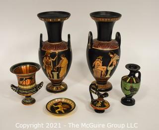 Group of Ceramic Hand Painted Grecian Urns and Decorative Items Including Dish by Kutamia Athens Greece
. 