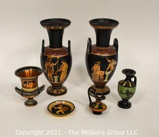 Group of Ceramic Hand Painted Grecian Urns and Decorative Items Including Dish by Kutamia Athens Greece
. 