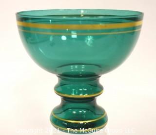 Green Glass with Gilt Trim Pedestal Bowl.  Measures approximately 8" tall.