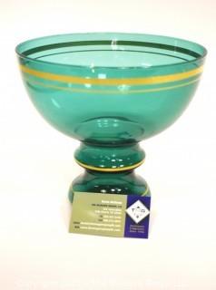 Green Glass with Gilt Trim Pedestal Bowl.  Measures approximately 8" tall.