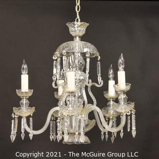 Vintage Murano Glass Five (5) Arm Chandelier with Hanging Cut Crystals. Measures approximately 24" wide and 22" tall.  Some crystals missing 