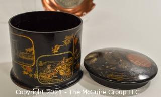 Eclectic Group Includes Red Celluloid Sewing Kit in a Fob; Copper Commemorative Fraternity Ash Tray, Vintage Asian Lacquer Box with Lid, Metropolitan Police Whistle,  Gillette Razor case holder, Candle snuffer, Victrola needles in tin case.