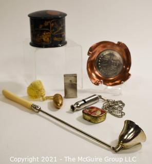 Eclectic Group Includes Red Celluloid Sewing Kit in a Fob; Copper Commemorative Fraternity Ash Tray, Vintage Asian Lacquer Box with Lid, Metropolitan Police Whistle,  Gillette Razor case holder, Candle snuffer, Victrola needles in tin case.