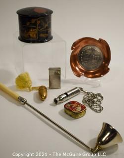 Eclectic Group Includes Red Celluloid Sewing Kit in a Fob; Copper Commemorative Fraternity Ash Tray, Vintage Asian Lacquer Box with Lid, Metropolitan Police Whistle,  Gillette Razor case holder, Candle snuffer, Victrola needles in tin case.