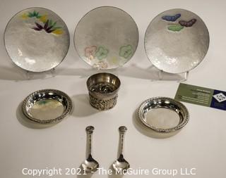 Pairpoint Condiment Coaster, Three (3) Asian Enamel Painted Bowls, Two (2) Sterling Silver Dishes and Two (2) 1964 Worlds Fair Spoons.