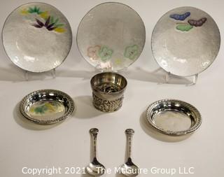 Pairpoint Condiment Coaster, Three (3) Asian Enamel Painted Bowls, Two (2) Sterling Silver Dishes and Two (2) 1964 Worlds Fair Spoons.