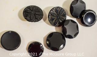 Collection of Vintage Buttons Including Carved Jet Glass, Bakelite and Clear Lucite Deco Accents. 