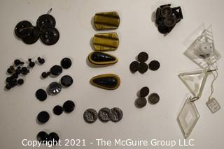 Collection of Vintage Buttons Including Carved Jet Glass, Bakelite and Clear Lucite Deco Accents. 