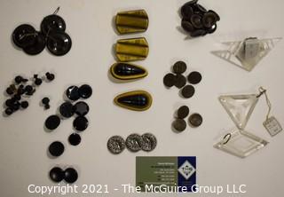 Collection of Vintage Buttons Including Carved Jet Glass, Bakelite and Clear Lucite Deco Accents. 