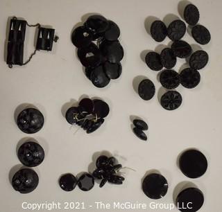 Collection of Antique Hand Carved or Cut Black Jet Glass Buttons and Embelishments. 