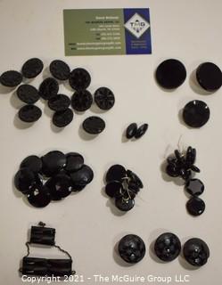 Collection of Antique Hand Carved or Cut Black Jet Glass Buttons and Embelishments. 