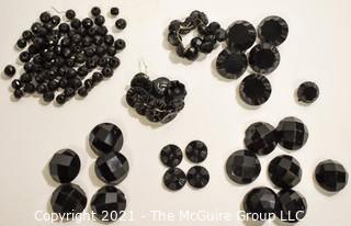 Collection of Vintage Victorian Hand Carved Black Jet Glass Buttons.  Includes Coat, Round and Shanks.  