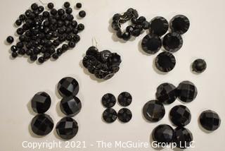 Collection of Vintage Victorian Hand Carved Black Jet Glass Buttons.  Includes Coat, Round and Shanks.  