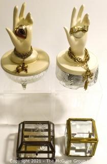 Two (2) Trinket Boxes with Hand Tops Decorated with Vintage Jewelry and Two (2) Glass Jewelry Casks. 