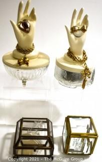 Two (2) Trinket Boxes with Hand Tops Decorated with Vintage Jewelry and Two (2) Glass Jewelry Casks. 