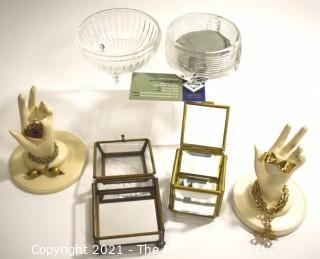 Two (2) Trinket Boxes with Hand Tops Decorated with Vintage Jewelry and Two (2) Glass Jewelry Casks. 