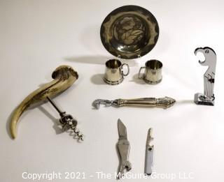 Group of Barware. Includes Horn Bottle Opener, Sterling Silver Duplicate Bridge Prize Bottle Opener, Two Chrome Jiggers, Two (2) Pocket Knives, Parrot Bottle Opener and Etched Dish. 