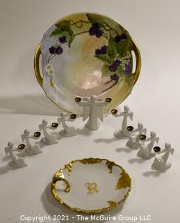 Group of Fine Porcelain Items.  Includes Set of White Porcelain Angle Candle Holders by Rosenthal and Two Hand Painted Bavaria Plates.  