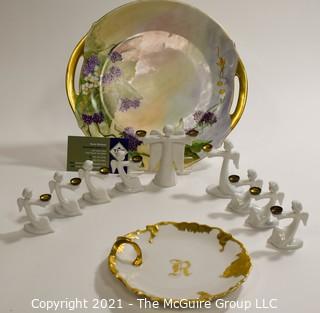 Group of Fine Porcelain Items.  Includes Set of White Porcelain Angle Candle Holders by Rosenthal and Two Hand Painted Bavaria Plates.  