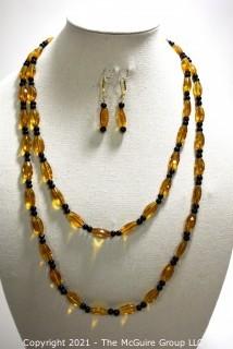 Vintage 52" Double Wrap Czechoslovakian Glass Bead Necklace with Matching Dangle Earrings.  