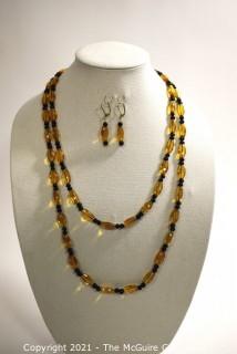 Vintage 52" Double Wrap Czechoslovakian Glass Bead Necklace with Matching Dangle Earrings.  