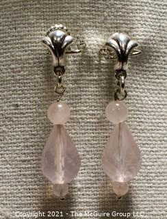 Faceted Pink Quartz Bead Necklace and Matching Pierced Dangle Earrings with Sterling Silver Accents.  Necklace measures approximately 22" long. 