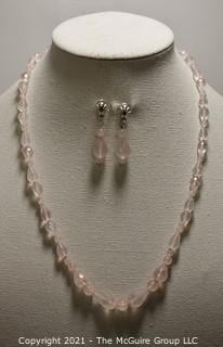 Faceted Pink Quartz Bead Necklace and Matching Pierced Dangle Earrings with Sterling Silver Accents.  Necklace measures approximately 22" long. 