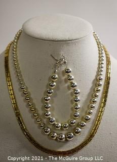 Silver Tone Costume Beaded Necklace & Bracelet and Gold Tone Chain Necklace. 