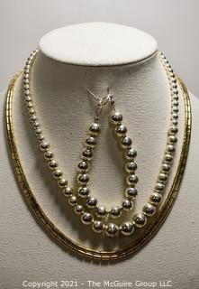 Silver Tone Costume Beaded Necklace & Bracelet and Gold Tone Chain Necklace. 