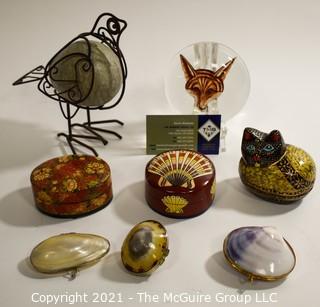 Group of Decorative Items.  Includes Three Shell Boxes New in Bags, Lacquer Boxes, Fox Paperweight, & Metal and Ceramic Bird. 