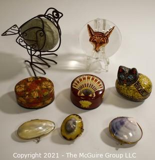 Group of Decorative Items.  Includes Three Shell Boxes New in Bags, Lacquer Boxes, Fox Paperweight, & Metal and Ceramic Bird. 