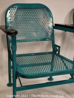 Pair of Vintage Blue Mid-Century Folding Metal Iron Patio Chairs