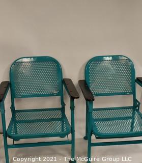 Pair of Vintage Blue Mid-Century Folding Metal Iron Patio Chairs