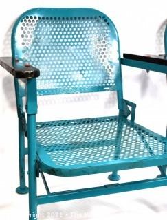 Pair of Vintage Blue Mid-Century Folding Metal Iron Patio Chairs