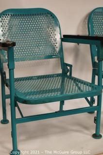 Pair of Vintage Blue Mid-Century Folding Metal Iron Patio Chairs