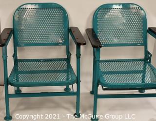 Pair of Vintage Blue Mid-Century Folding Metal Iron Patio Chairs