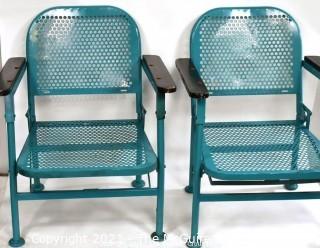 Pair of Vintage Blue Mid-Century Folding Metal Iron Patio Chairs