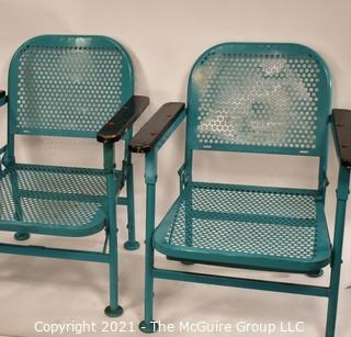 Pair of Vintage Blue Mid-Century Folding Metal Iron Patio Chairs