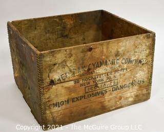 Wooden finger jointed box dynamite box stenciled "American Cyanamic Company; 30 Rockefeller Plaza, NY, NY; 11 x 16 x 18"