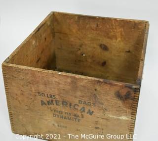 Wooden finger jointed box dynamite box stenciled "American Cyanamic Company; 30 Rockefeller Plaza, NY, NY; 11 x 16 x 18"