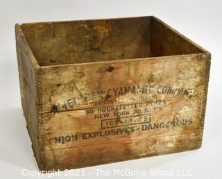 Wooden finger jointed box dynamite box stenciled "American Cyanamic Company; 30 Rockefeller Plaza, NY, NY; 11 x 16 x 18"