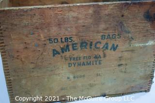 Wooden finger jointed box dynamite box stenciled "American Cyanamic Company; 30 Rockefeller Plaza, NY, NY; 11 x 16 x 18"