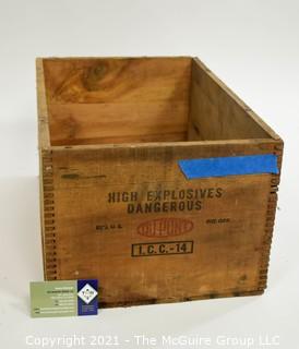 Wooden Finger Jointed Dynamite Box Stenciled "DuPont Explosives"; 9 x 12 x 18"