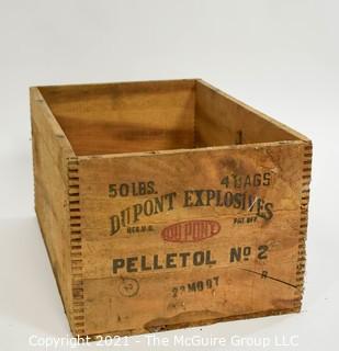 Wooden Finger Jointed Dynamite Box Stenciled "DuPont Explosives"; 9 x 12 x 18"