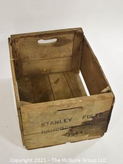 Wooden box with cutout handles; stenciled "Stanley Fulton. Hancock, MD 1944; 11 x 15 x 18"